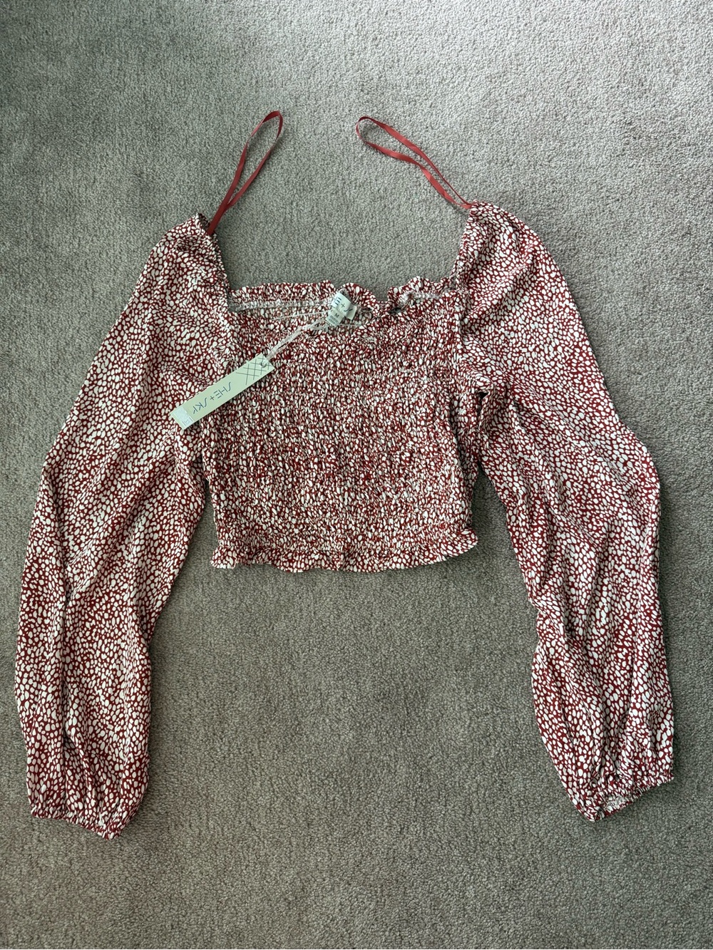 She + Sky Red And White Smocked Puff-Sleeve Crop Top